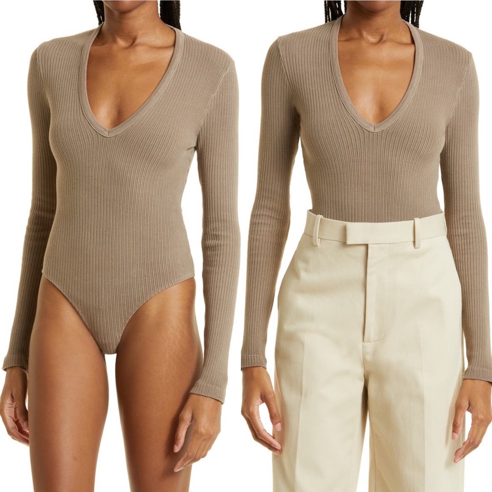 NEW Agolde "Tavi" Ribbed Stretch-Knit Long-Sleeved Thong Bodysuit Minimalist M